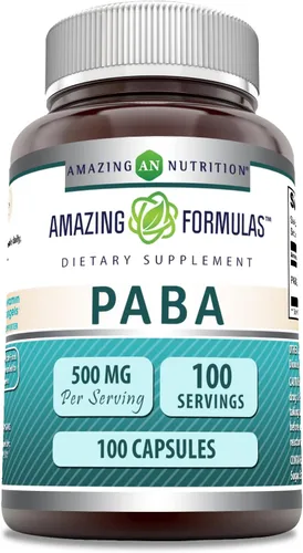 Amazing Formulas PABA - Suplemento de 500 mg | Cápsulas | Sin OMG | Sin gluten | Fabricado en Estados Unidos (paquete de 1 | 100 unidades)