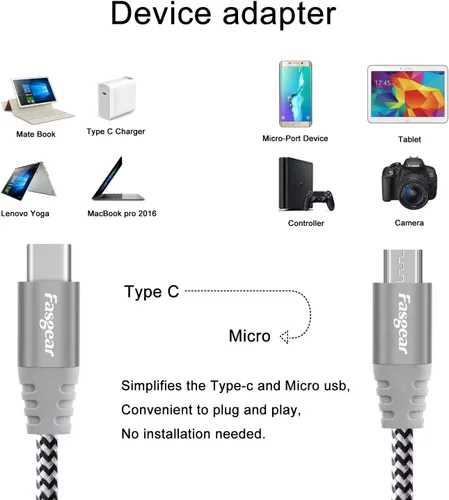 Miniatura 2 de Fasgear Cable USB C a Micro USB de 6 pies de nailon trenzado tipo C a micro USB, compatible con Galaxy S7/S6, HTC One/10 y más (gris, 6 pies)