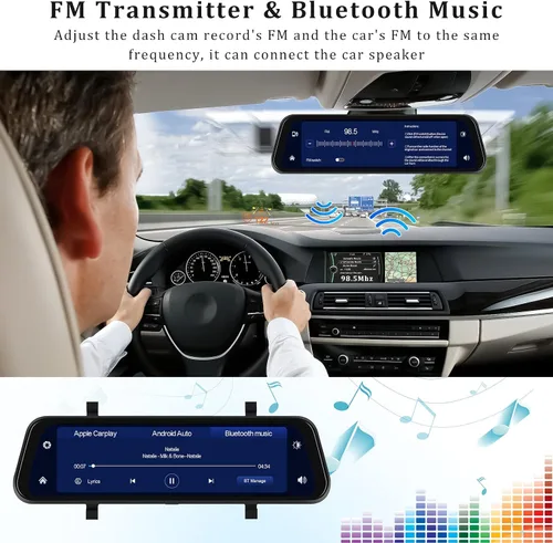 Miniatura 4 de Cámara de espejo retrovisor con Carplay y Android Auto, 9.66 pulgadas 1080P espejo Dash Cam frontal y trasera con control de voz