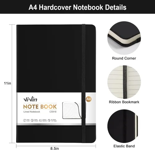 Miniatura 2 de ViVin Cuaderno A4 con rayas universitarias para el trabajo, diario de tapa dura de cuero de 8.5 x 11 pulgadas, 192 páginas, cuaderno rayado