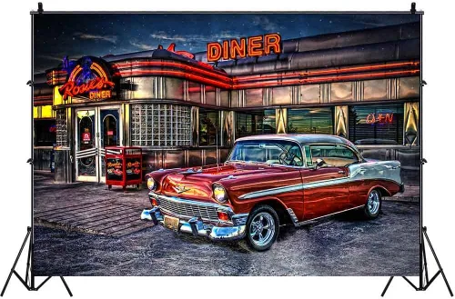 Telón de Fondo de Rock Roll de los 50s para Diner 1950s Coche Vintage Retro Nostalgia para Fotografía 2.74x1.83m Accesorios para Estudio de Fotos