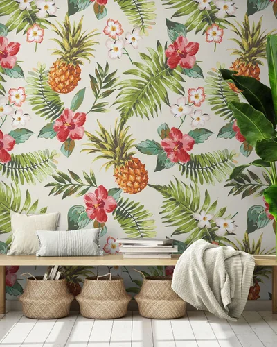 Miniatura 8 de Mural de pared con ambiente tropical de piña. Papel tapiz hawaiano para despegar y pegar, decoración temática Paradise Vibe. #6447
