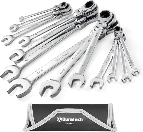 DURATECH Juego de llaves combinadas de trinquete de cabeza flexible, SAE, 13 piezas, 5/16 '' a 1 pulgada, acero CR-V, con bolsa rodante