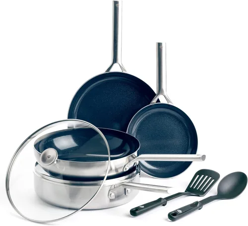 Blue Diamond Juego de utensilios de cocina antiadherentes de cerámica de acero inoxidable de tres capas, 7 piezas, ollas y sartenes sin PFAS y PFOA,