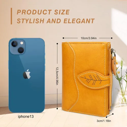 Miniatura 4 de CONISY Cartera pequeña para mujer, cartera compacta de cuero plegable con correa de muñeca con bloqueo RFID para mujer, Amarillo, Casual, clásico