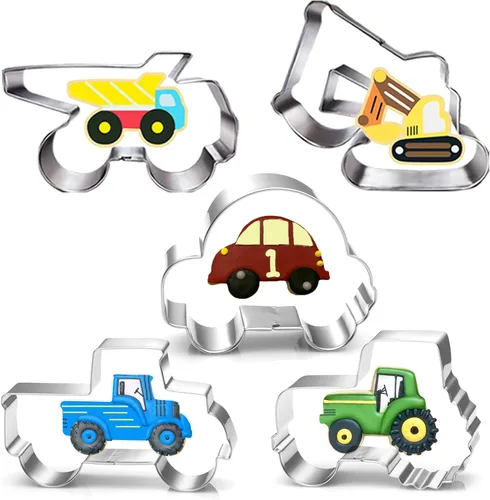 LUBTOSMN Juego de 5 cortadores de galletas para vehículos de construcción, para camión, basurero, tractor, coche y excavadora, moldes para fiestas
