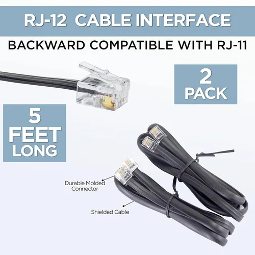 Miniatura 2 de Volcora Paquete de 2 cables de datos RJ11/RJ12 de 5 pies – Extensión de alta velocidad de 6 pines de alta velocidad para caja registradora