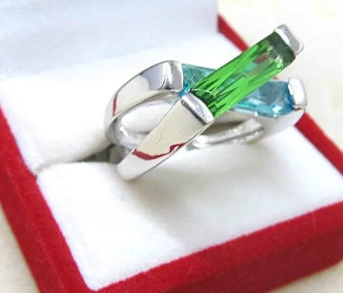 Miniatura 5 de Anillo moderno de plata esterlina cruzada flotante de helenita azul y verde R98S 4.0 ct
