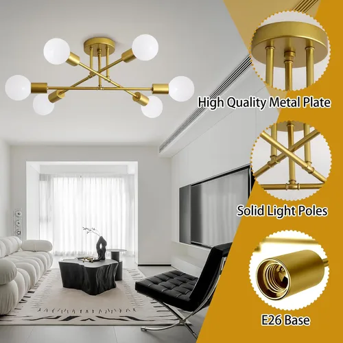 Miniatura 4 de Lámpara de techo, lámpara de techo de 6 luces, moderna lámpara de comedor, accesorios de iluminación dorados Sputnik para montaje en techo, lámparas
