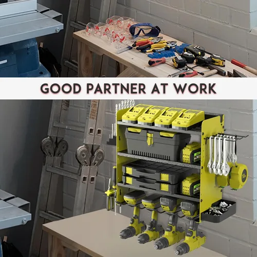 Miniatura 7 de Organizador de herramientas eléctricas con estación de carga, soporte de pared para taladro de 4 niveles, estante metálico para garaje con regleta