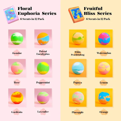 Miniatura 3 de Bombas de baño de regalo, paquete de 24 bombas de burbujas con 12 aromas únicos, colecciones florales y afrutadas, calmante para la piel y mejora