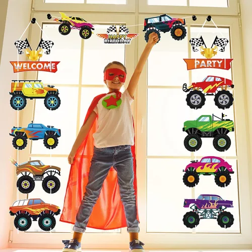 Miniatura 5 de Containlol 13 piezas de Monster Car Truck suministros para fiesta de cumpleaños de autos divertidos, decoraciones de fiesta de camión, recortes
