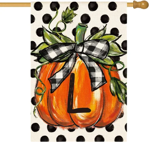 AVOIN colorlife Bandera de casa con monograma de otoño con letra L, diseño de lunares, calabaza, 28 x 40 pulgadas, doble cara exterior, pequeña