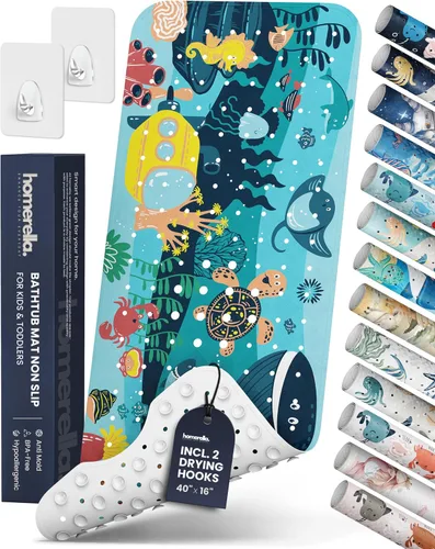 Miniatura 31 de Homerella - Alfombrilla de baño antideslizante y antideslizante para niños, 40 x 16 pulgadas, sin BPA, incluye 2 ganchos, tapete de ducha lavable