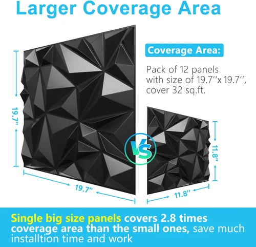 Miniatura 5 de STICKGOO Paquete de 12 Paneles de Pared 3D para Decoración de Pared Interior, Paneles de Pared de Acento con Diseño de Diamante Negro, 19.7''x19.7
