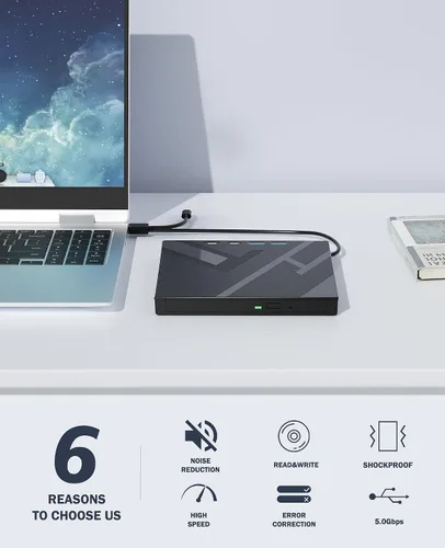 Miniatura 3 de Wbacon 7 en 1 unidad externa de CD/DVD para portátil, reproductor de DVD portátil para portátil con puerto SD/TF, unidad de DVD externa con USB