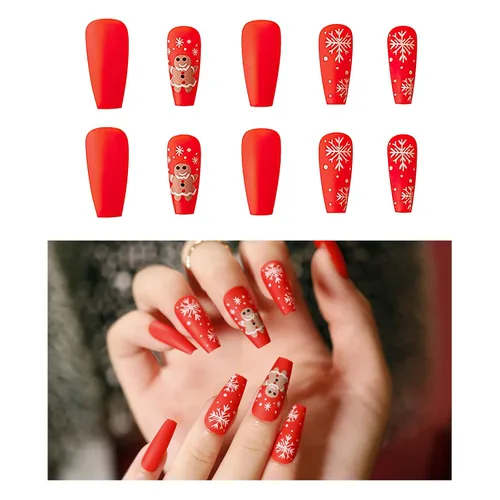 Año Nuevo Navidad Prensa en Uñas Largas Ataúd Acrílico Uñas Falsas Kit Navidad Copo de Nieve Decoración de Uñas Falsas Bailarina Uñas Falsas Puntas