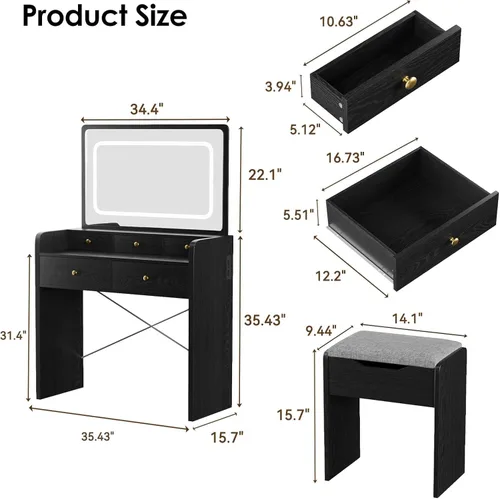 Miniatura 2 de Escritorio de tocador con espejo y luces, mesa de tocador de maquillaje con 5 cajones, taburete de almacenamiento, espejo grande para dormitorio