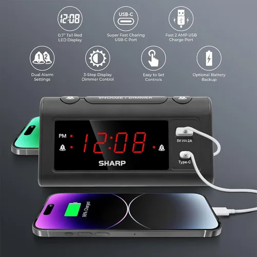 Miniatura 4 de Reloj de Alarma Sharp para Dormitorios, Carga USB-C Super Rápida y Carga USB de 2 Amperios Rápida, 2 Alarmas, Atenuador de 3 Pasos, Función Reposo