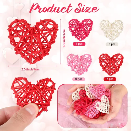 Miniatura 2 de 24 bolas de ratán en forma de corazón de San Valentín de 2.36 pulgadas, rellenos de tazones de jarrón de corazón, decoración de ratán de mimbre