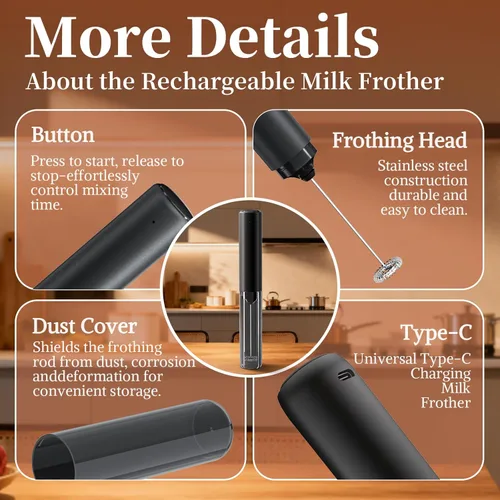 Miniatura 6 de Espumador de leche eléctrico recargable con tapa, espumador portátil de café negro, agitador eléctrico compacto para bebidas con leche, capuchino