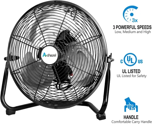 Miniatura 2 de ACHAZEL Ventilador de piso de alta velocidad de 12 pulgadas, ventilador de metal resistente de 3 velocidades con inclinación de 180°, comercial