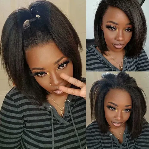 Miniatura 6 de QUINLUX - Pelucas de cabello humano corto estilo Bob italiano Yaki de 13 x 6 pulgadas con encaje frontal para mujeres negras, densidad 150, pelucas