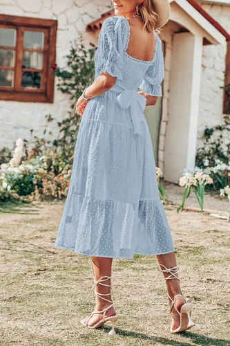 Miniatura 2 de MEROKEETY - Vestido de verano con lunares suizos para mujer vestido midi con cuello cuadrado, mangas abombadas, volados, lazo en la espalda