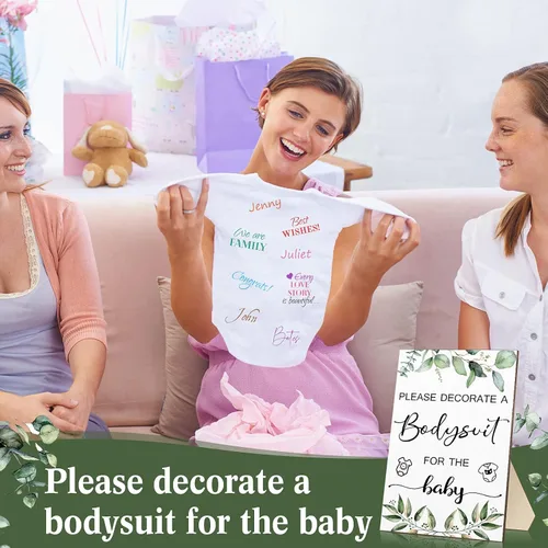 Miniatura 6 de Handepo Juego de 26 piezas para baby shower, 1 cartel de madera, 15 mamelucos blancos, 10 marcadores de tela para kit de decoración de nacimiento