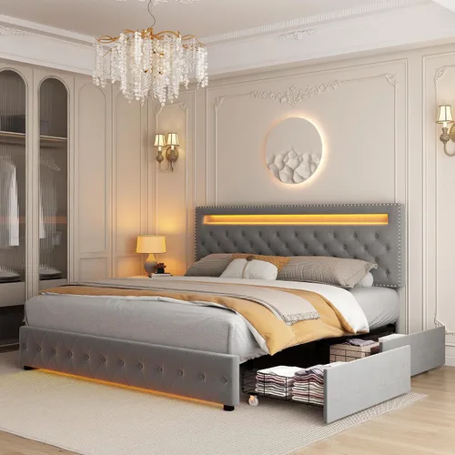Miniatura 13 de GEGOFORU Marco de Cama LED King con 4 Cajones de Almacenamiento, con Control Inteligente de Luces LED RGBW en Cabecero y Piecero, Control