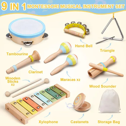 Miniatura 2 de Juego de instrumentos musicales para bebés, juguetes de música de madera Montessori para niños pequeños de 3, 4, 5 años, kit de música de percusión