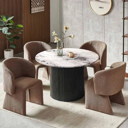 Miniatura 18 de Homedot Juego de mesa de comedor de 3 piezas para 2, mesa de cocina redonda de 47" y sillas de comedor tipo barril tapizadas en marrón, juego