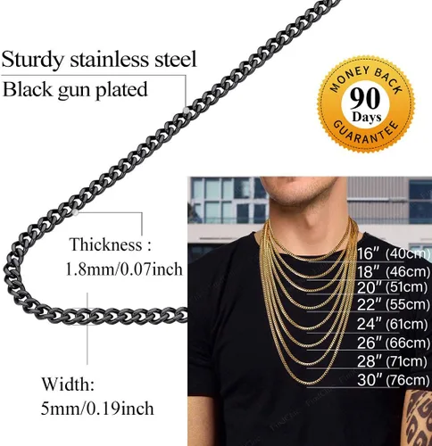 Miniatura 5 de FindChic - Cadena de eslabones para hombre, chapado en oro de 18 quilates, acero inoxidable, negro, collar para hombres y niños, 14 a 30pulgadas, 8