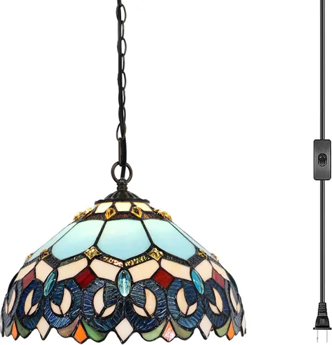 Miniatura 9 de Tiffany - Lámpara colgante con enchufe, lámpara colgante de vitrales de 12 pulgadas, cadena de 39 pulgadas, cable de 15 pies para sala de estar
