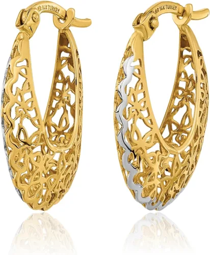 Miniatura 5 de Aretes de aro de filigrana de oro amarillo de 14 quilates, corte láser medio, cierre a presión pulido para regalo de mujer