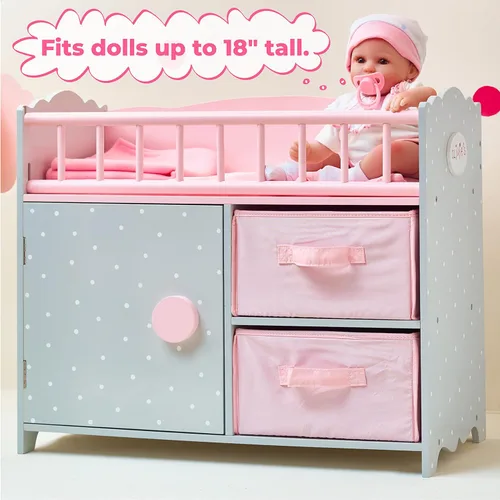 Miniatura 6 de Olivia's Little World Cuna de madera para muñeca con un gabinete y dos cubículos para almacenamiento de accesorios de muñeca debajo, lunares rosados