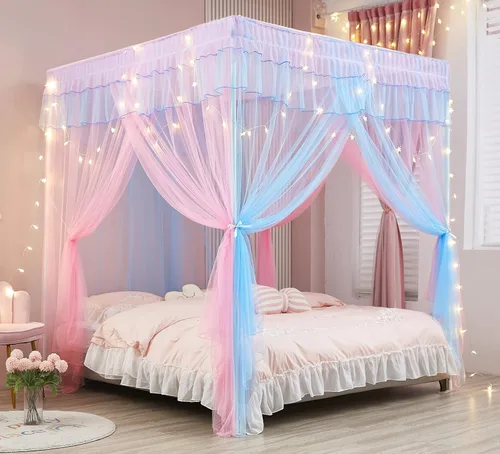 Miniatura 19 de Mengersi Cortina para Dosel de Cama Princesa, con 4 Esquinas, Dosel con Mosquitero para Cama de Princesa (Blanco, Doble)
