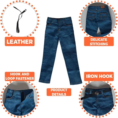 Miniatura 3 de Pantalones de soldado a escala 1/6 Jeans clásicos y modelo de cinturón para cuerpo de figura de acción masculina de 12 '' (azul)
