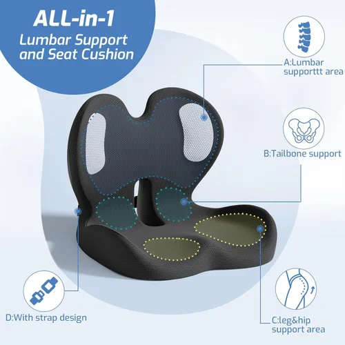 Miniatura 3 de Cojín de asiento, cojín de espuma viscoelástica para silla de oficina y automóvil, cojín ergonómico para coxis para coxis, nervio ciático, alivio
