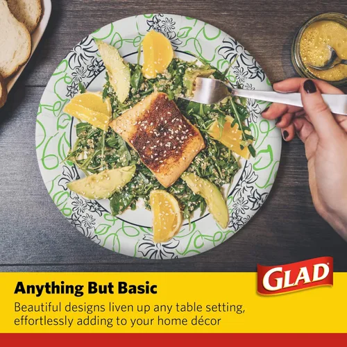 Miniatura 4 de Glad Platos redondos de papel desechables, con patrón floral caprichoso, a prueba de remojo, resistente a cortes, aptos para microondas, platos