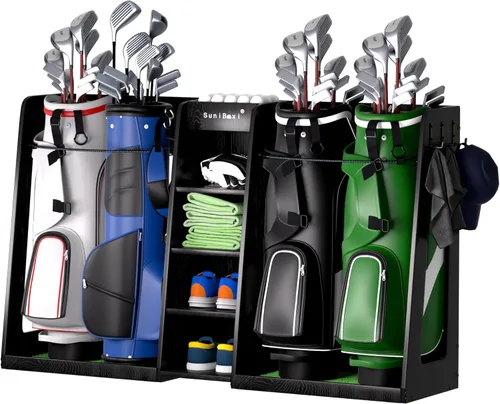 SuniBoxi Organizador de golf para garaje, estante de almacenamiento de madera XL para 4 bolsas, clubes, pelotas y equipos, soporte para bolsas de