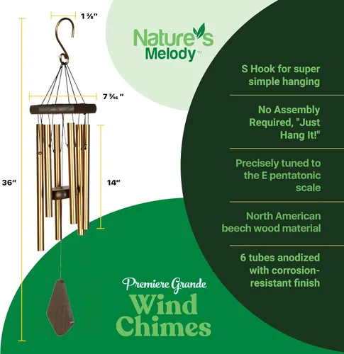 Miniatura 7 de Nature's Melody Premiere Grande Tunes Campanillas de Viento – Campanillas de Viento para Exteriores con 6 Tubos Afinados en Escala Pentatónica