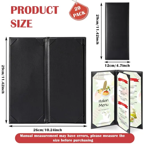 Miniatura 2 de Jexine 20 fundas negras para menú, impermeables, para restaurante, cafetería, bar, de piel sintética, 4 vistas, libro de menú plegable con esquinas