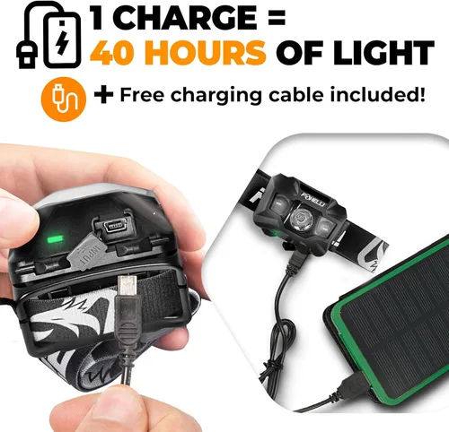 Miniatura 3 de Foxelli Linterna frontal LED recargable USB‑C – Ultraligero 2.4 oz y brillante 180 lúmenes – Luz roja/blanca, 5 modos, IPX5 impermeable, 40 horas