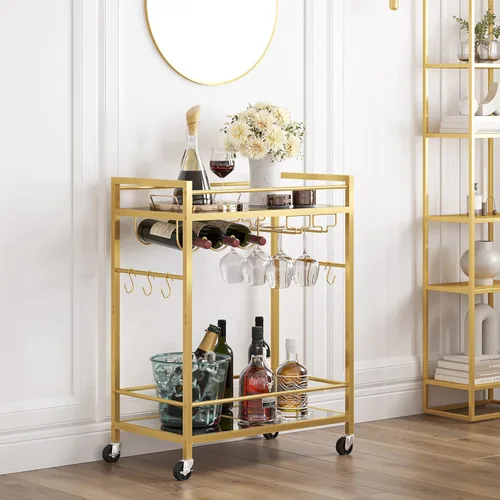 TUTOTAK Carrito de bar, carrito de servicio para el hogar, carrito de bebidas, estante de cocina móvil con estante para vino y soporte para vidrio,