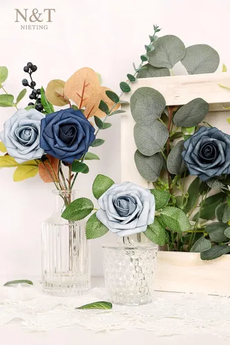 Miniatura 475 de N&T NIETING Flores artificiales, rosas artificiales de color rosa intenso, 50 piezas de flores falsas con tallo para ramos de boda DIY, centros