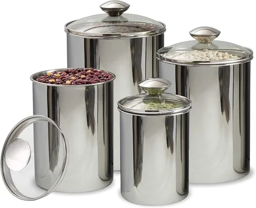 Miniatura 2 de nu steel Juego de recipientes de 4 piezas S/Steel Recipiente de almacenamiento de alimentos con tapas de vidrio templado para encimera de cocina
