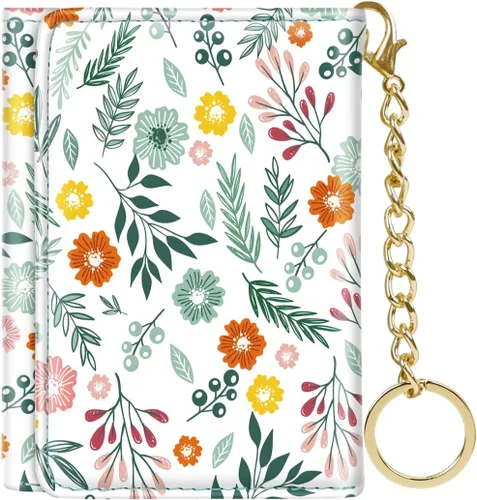 Miniatura 12 de Billetera triple para mujer, pequeña, delgada, con bloqueo RFID, bonito tarjetero de cuero con bolsillo largo para efectivo y llavero, Azul Flores