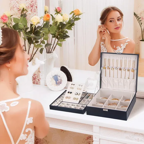 Miniatura 6 de Joyero con cerradura cajas de joyería grandes para mujeres y niñas regalo ideal organizador de joyas de doble capa joyero para almacenar aretes