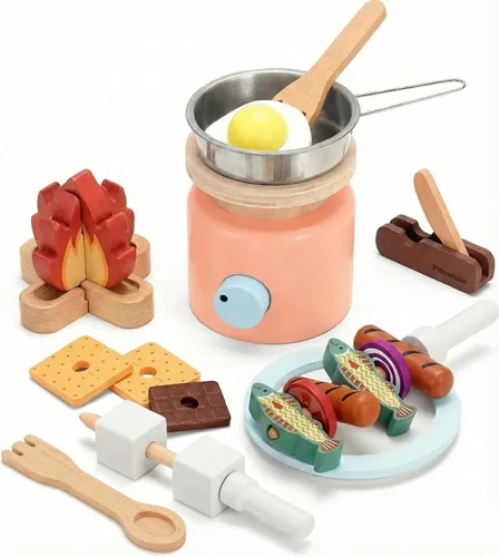 Pillowhale Juego de fogata de campamento de madera – Juego de cocina de campamento simulado de 25 piezas para niños con S’Mores y parrilla, juguete